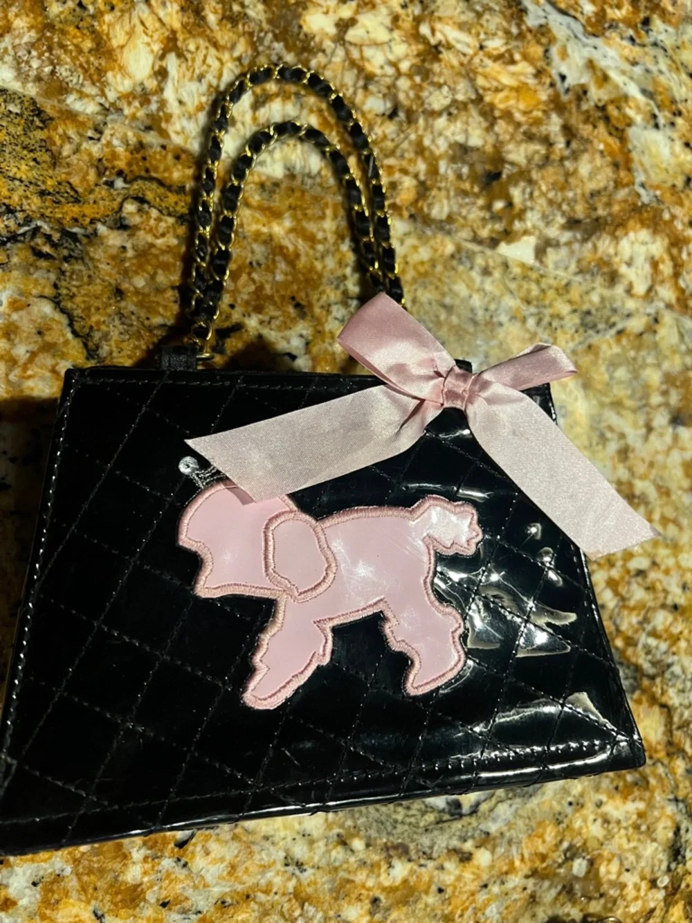 Small bag Patent Black with Pink Poodle Patch and Bow